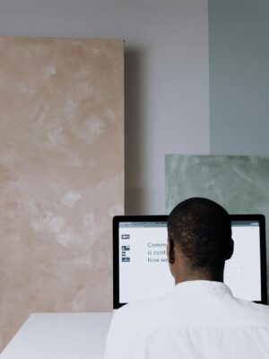 Back view of a man working at a computer in a modern office setting. Ideal for business themes.